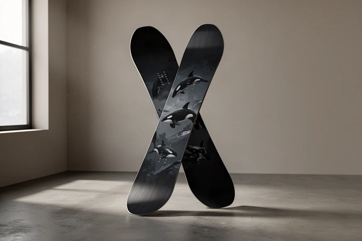 Dark graphic freeride snowboard standing upright on a concrete floor
