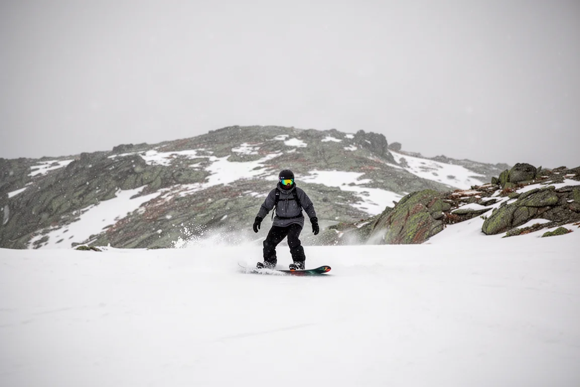 Snowboarder carving on a firm groomed slope in morning light