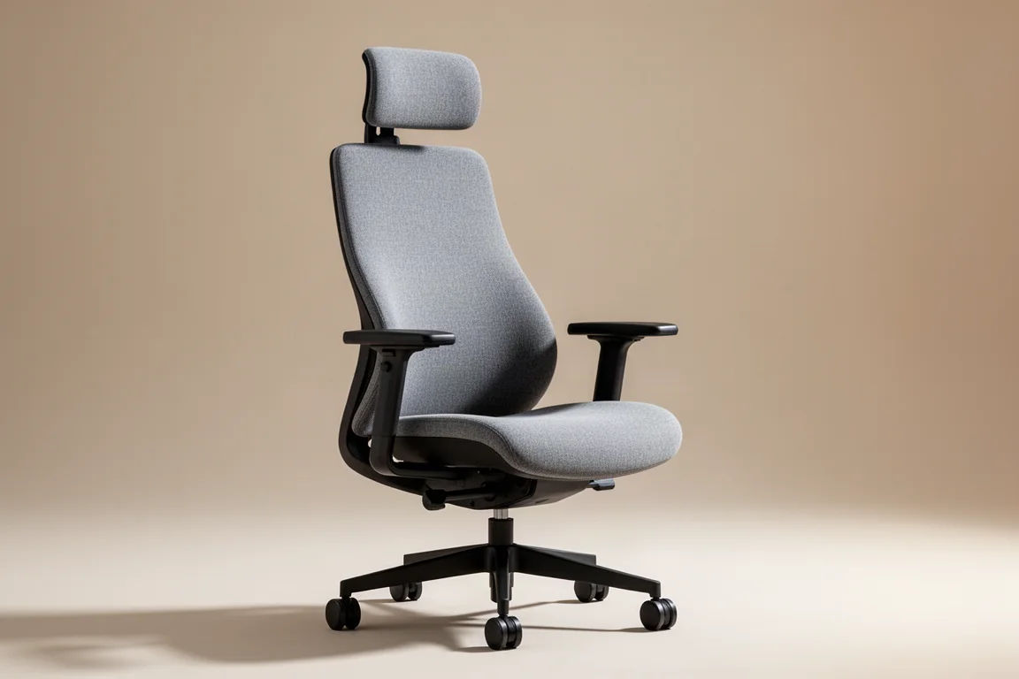 Silla ergonómica moderna de oficina con respaldo de malla en una oficina en casa luminosa