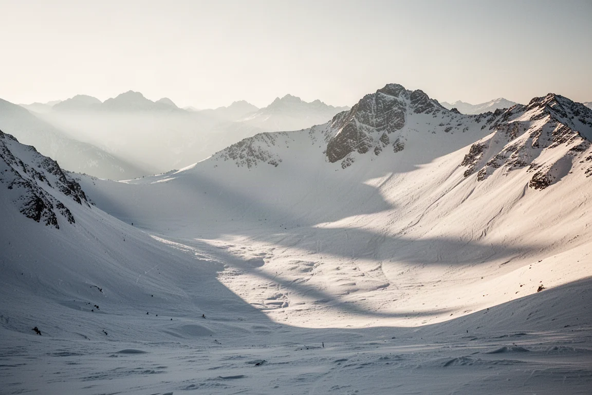 Brede open alpiene kom met door wind getextureerde sneeuw en lange schaduwen in zacht ochtendlicht