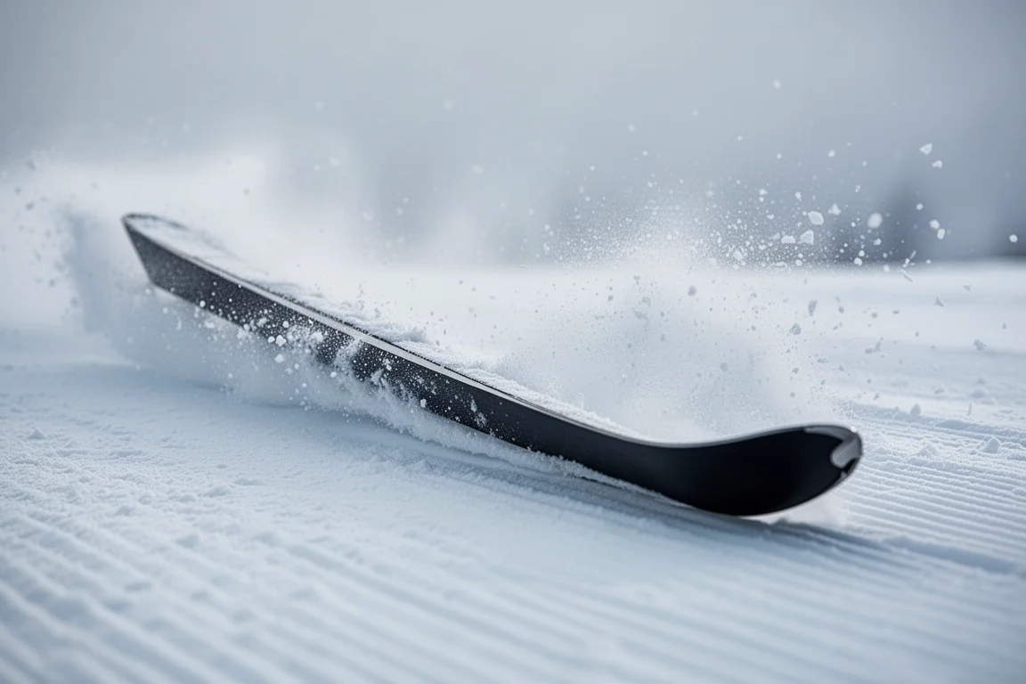 Brede ski op de rand die een zuivere boog carvut door stevige piste
