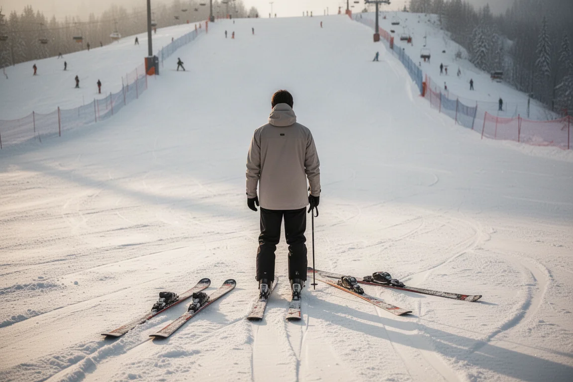 Skiër van achteren bekeken bovenop een brede helling met brede ski's in de sneeuw