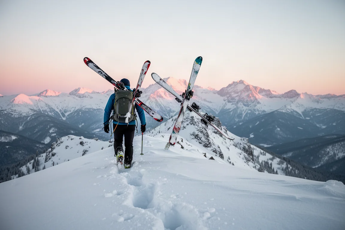 Skiër die bij dageraad een besneeuwde graat beklomt met een paar brede ski's over één schouder