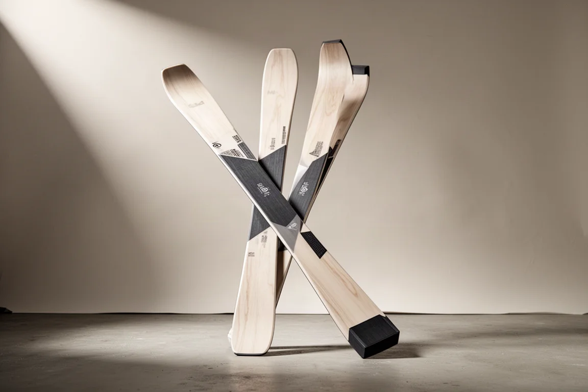 Paar brede all-mountain ski's met houten topsheet staand op een betonnen ondergrond