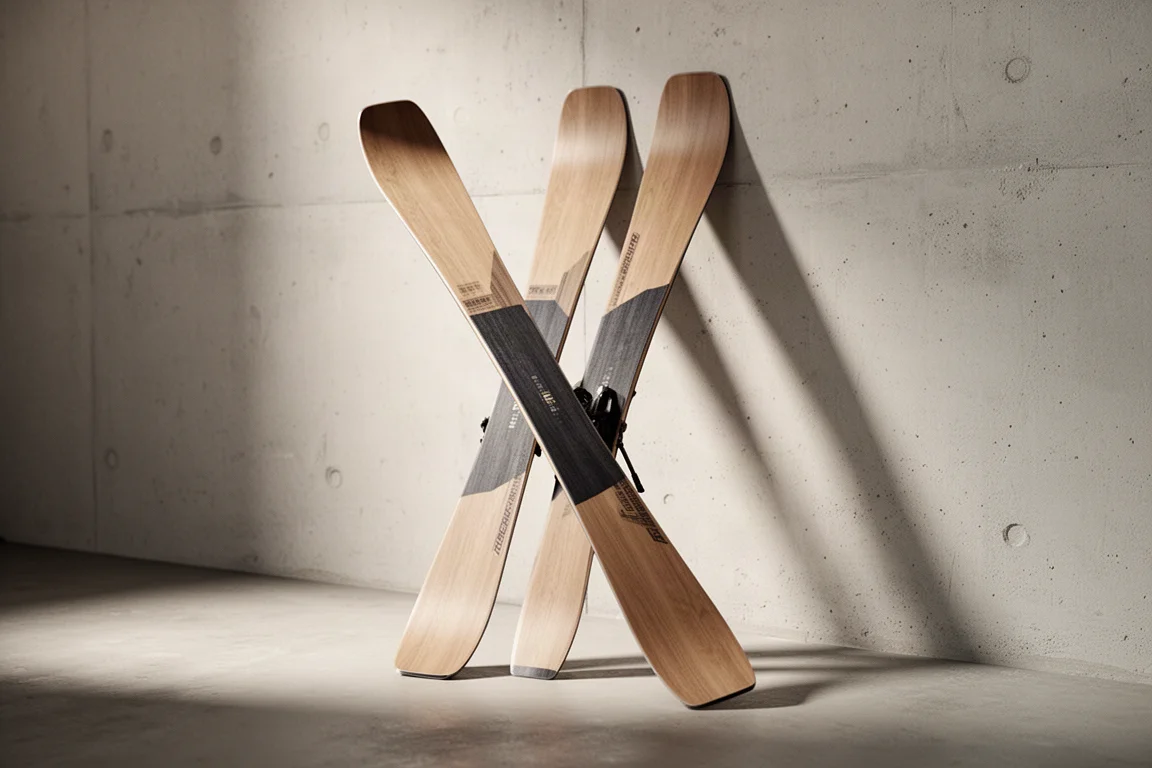 Pair of wide skis with flat tails leaning against a pale concrete wall