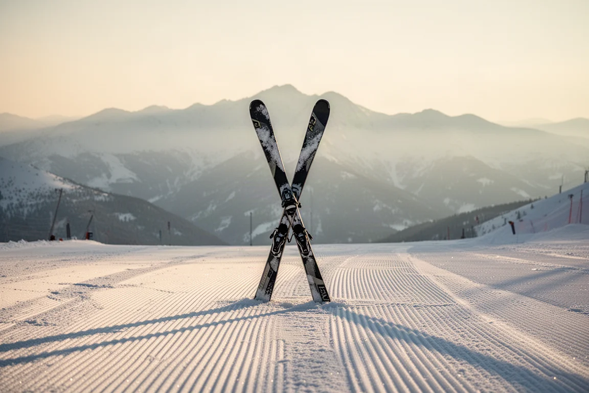 Esquís clavados en vertical en la nieve en lo alto de una pista preparada al amanecer