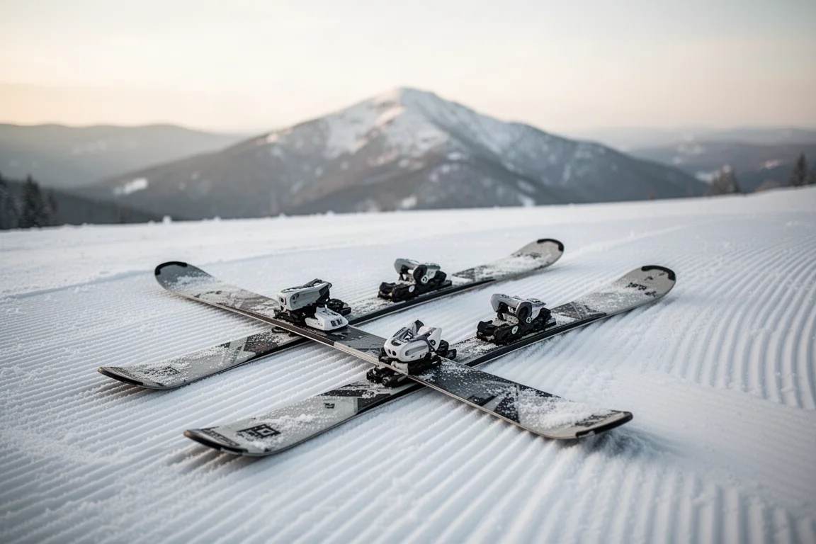 Para all-mountainowych nart o tali 84 mm leżąca na ubitym śniegu w kurorcie