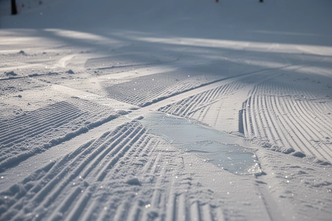 Superficie di neve battuta e dura raschiata, con nette linee di spigolo dello sci incise sopra
