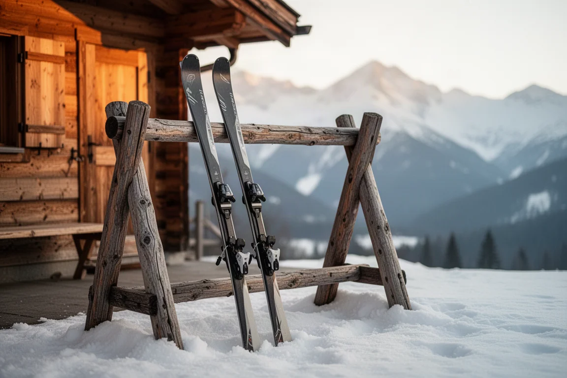 Coppia di sci appoggiati a una rastrelliera di legno davanti a un rifugio di montagna