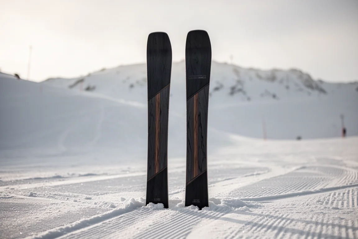 Pair of narrow frontside skis standing upright in groomed snow at a resort