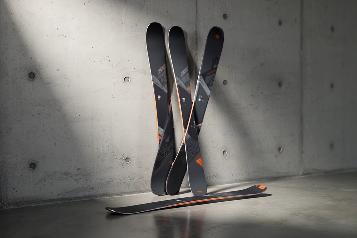 Liberty Evolve 90 all-mountain skis leaning against a concrete wall