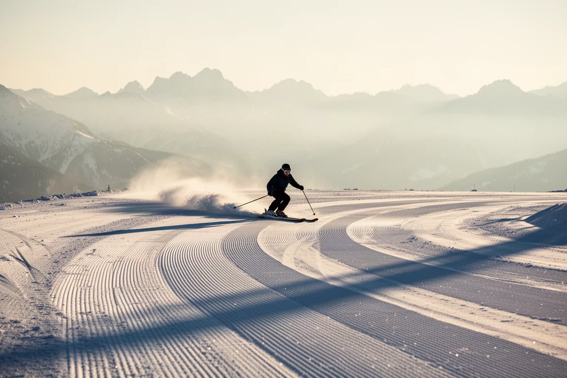 Skifahrer zieht in den frühen Morgenlicht eine saubere Kurve auf der präparierten Piste, Berggipfel dahinter
