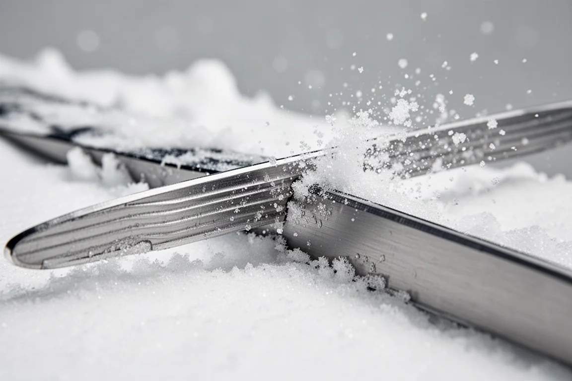 Nahaufnahme einer Skikante, die auf hartem Schnee greift, mit einer Sprühwolke aus Eiskristallen