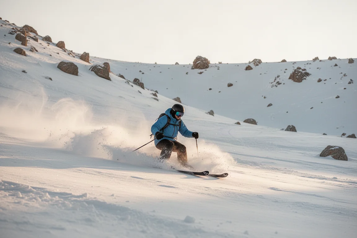 Skifahrer gleitet durch weichen Tiefschnee in einem offenen Kessel bei sanftem Nachmittagslicht