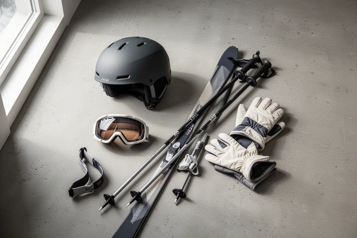 Skiausrüstung flach auf einer Betonfläche ausgelegt, mit Helm, Brille und Stöcken