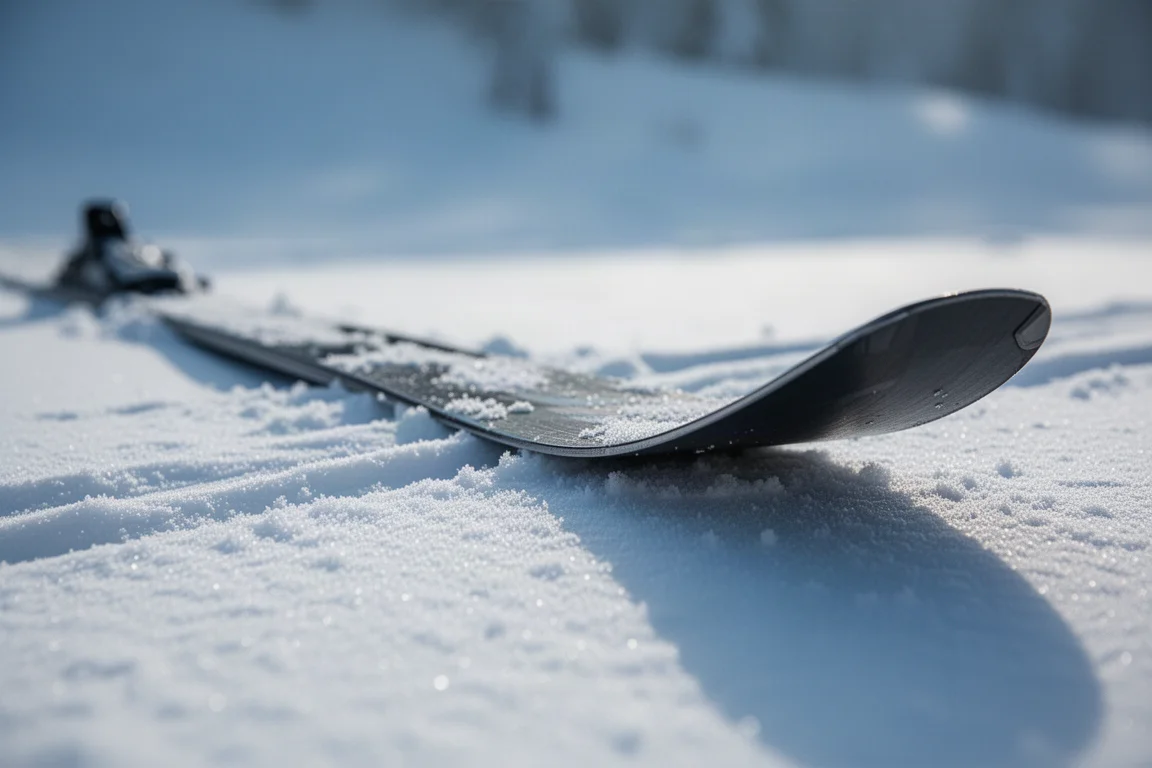 Dettaglio della sezione centrale di uno sci all-mountain appoggiato sul canto nella neve compatta