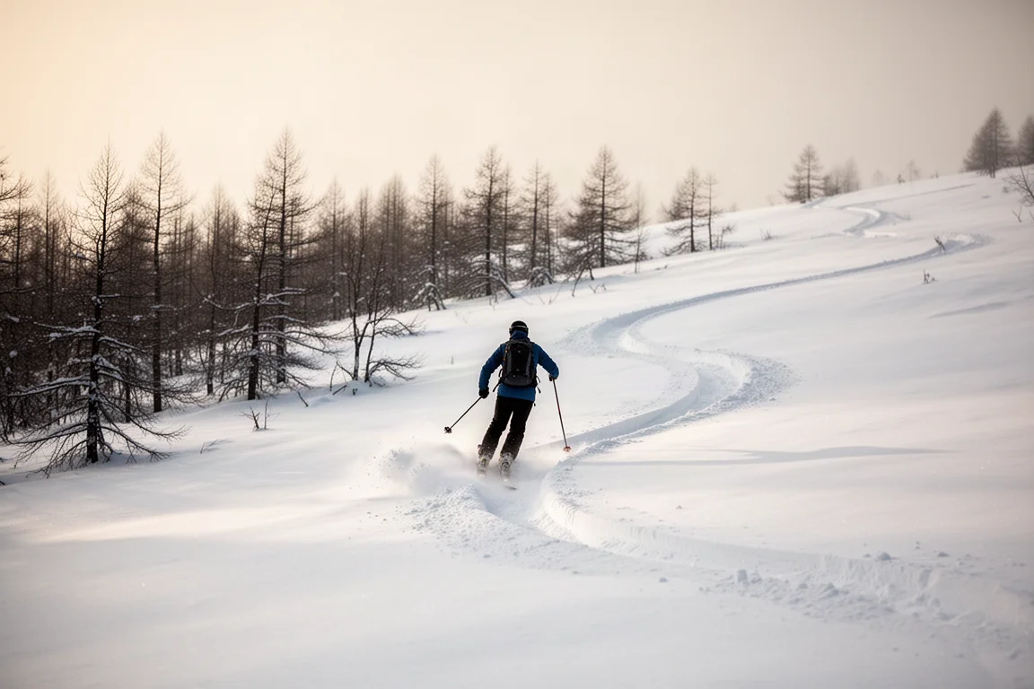 Sciatore che passa dalla pista battuta alla neve fresca non tracciata vicino agli alberi