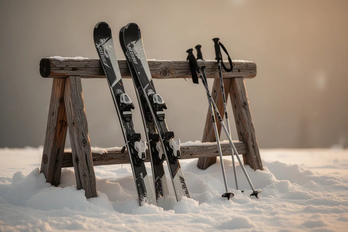 Coppia di sci all-mountain appoggiati su una rastrelliera di legno accanto alla neve compatta all'ora dorata