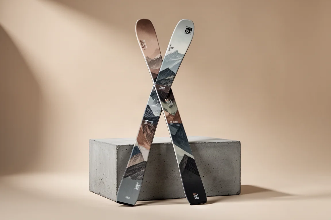 Pair of all-mountain skis with 90mm waist leaning against a concrete block on a neutral backdrop