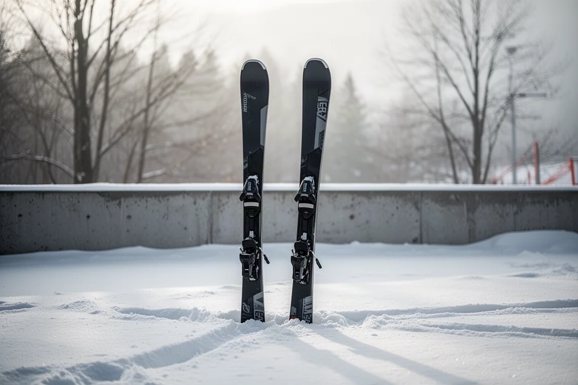 Pair of all-mountain skis standing on packed snow at a resort base area