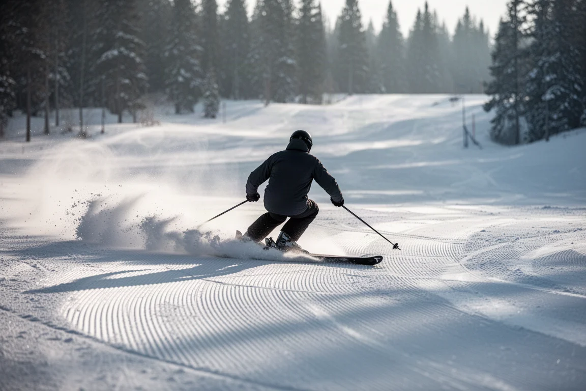 Skier carving a clean turn on a freshly groomed run in morning light