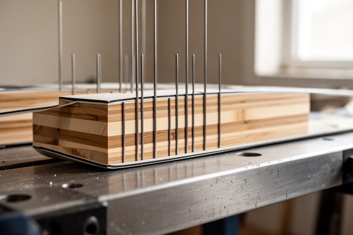 Close-up of ski construction showing wood core layers and vertical metal struts