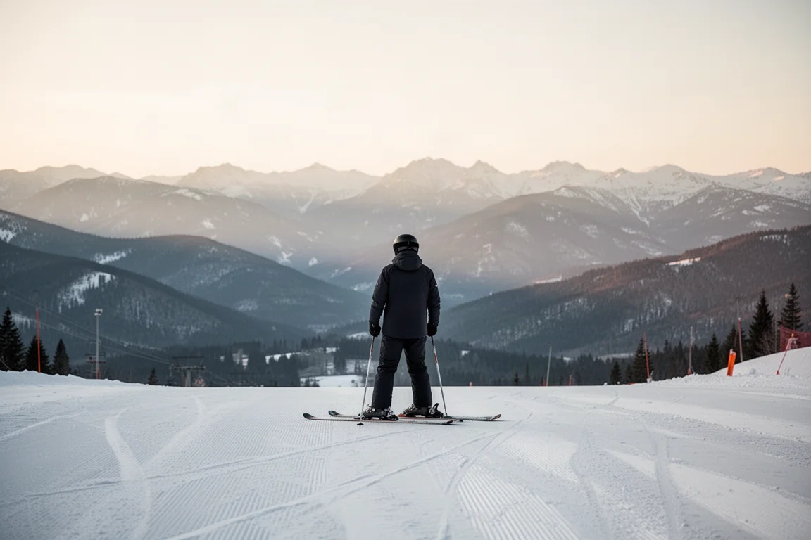 Skier standing at the top of a groomed run with mountains in the distance
