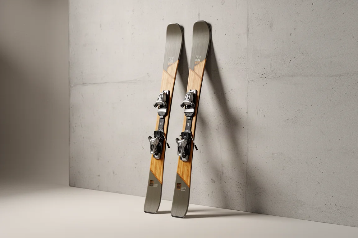 Pair of 90 mm all-mountain skis leaning against a pale concrete wall in studio light
