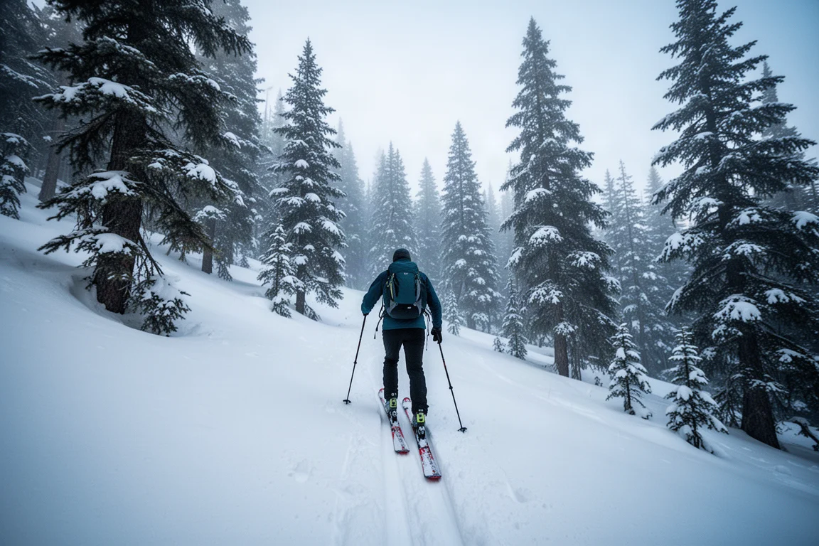 Esquiador de travesía subiendo con pieles por un bosque nevado al amanecer