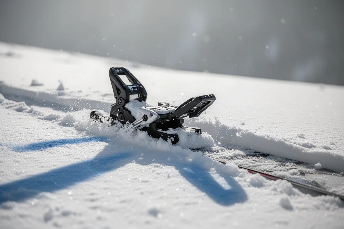 Primer plano de la cola de un esquí y una fijación de travesía descansando en nieve polvo profunda