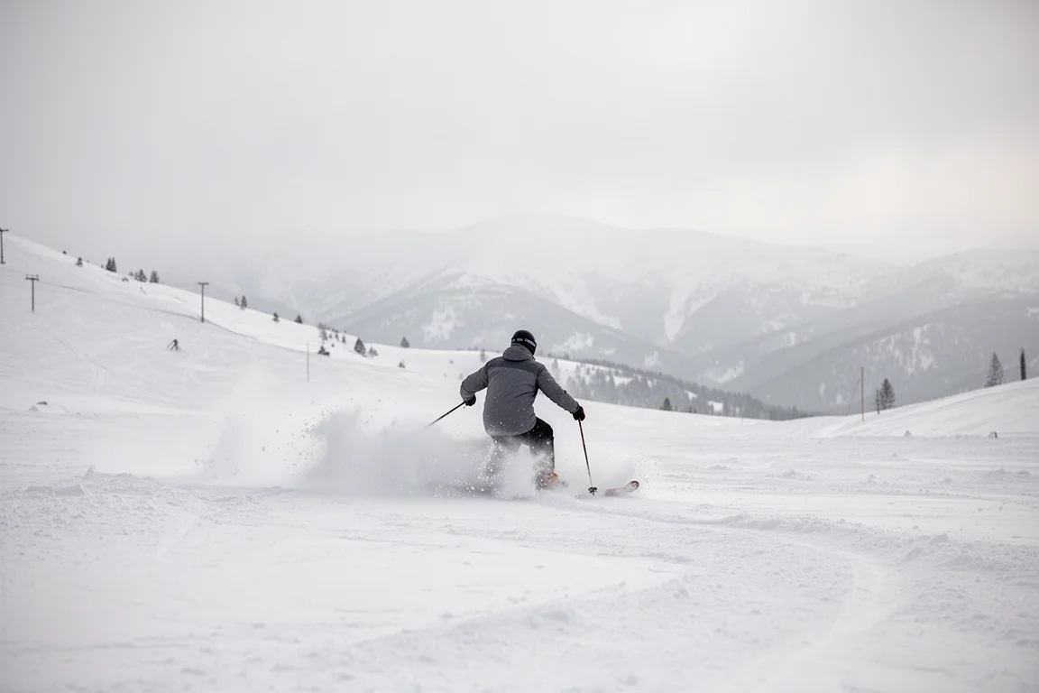 Esquiador trazando un giro en nieve polvo suave en una pista amplia y abierta