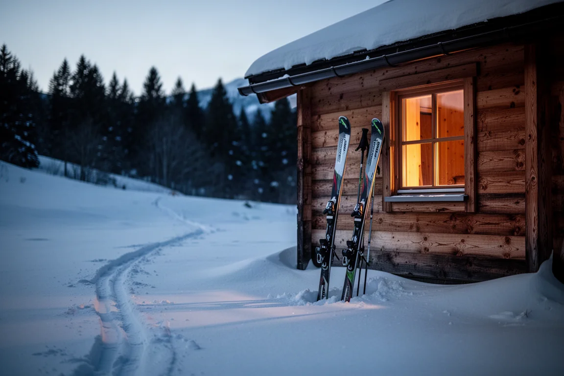Esquíes de travesía clavados en la nieve frente a una pequeña cabaña de montaña al atardecer