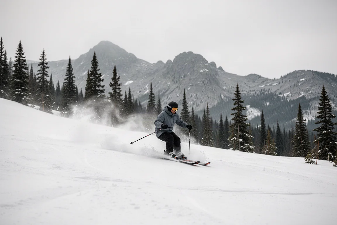 滑雪者在樹林前的軟雪全山雪道轉彎