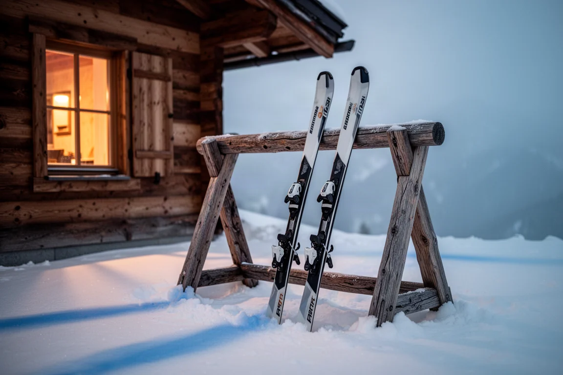一對滑雪板斜靠在山中小屋外的木架上