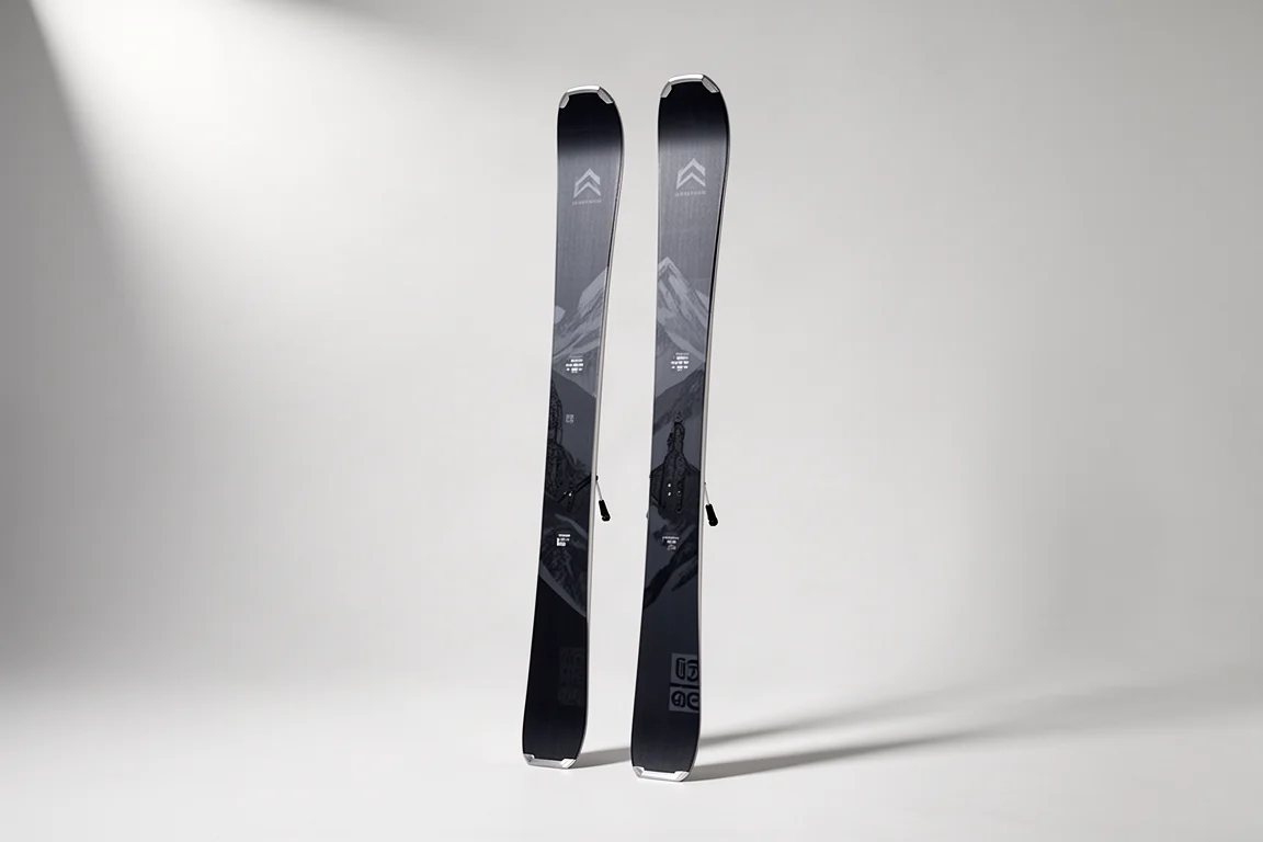 Pair of all-mountain skis standing upright on a light grey studio backdrop