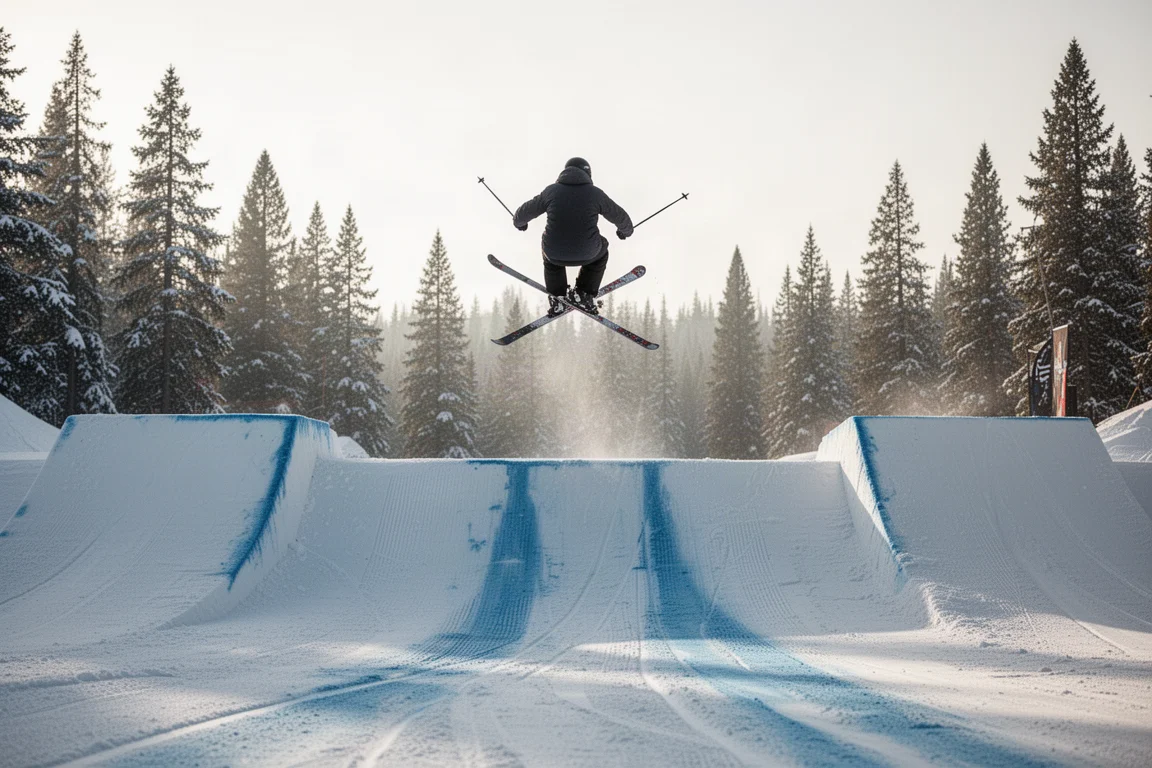 Skier spinning mid-air above a snow-covered terrain park jump in cold morning light