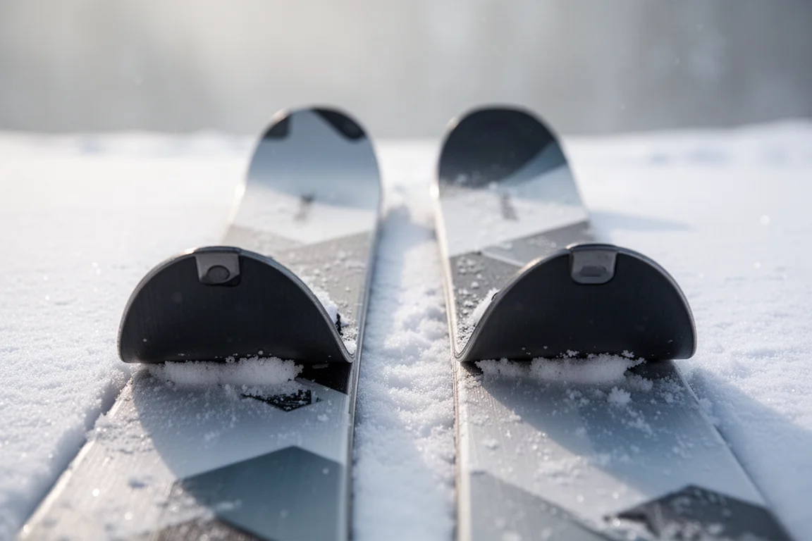 Identical ski tip and tail shapes laid side by side on fresh snow