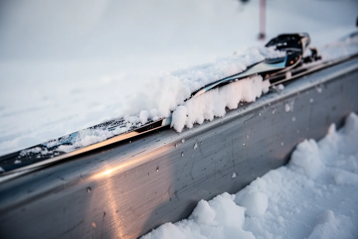 Low-angle view of a ski edge resting against a metal park rail