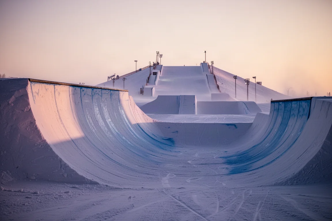 Empty terrain park halfpipe wall at dusk with groomed snow and jump line