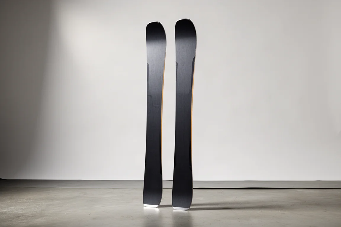 Pair of symmetrical freestyle park skis standing upright against a pale grey backdrop