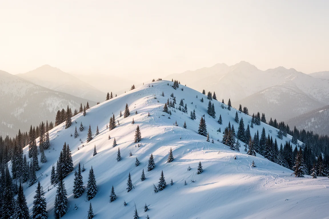 Unberührter Pulverschnee auf einem Bergkamm beim ersten Licht mit Nadelbäumen