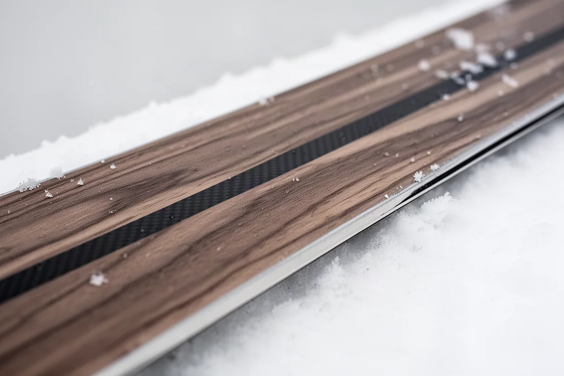 Nahaufnahme eines Ski-Deckblatts mit Maserung des Furniers und einem dünnen Carbon-Streifen