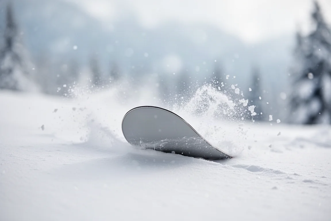 Ski-Spitze gleitet durch tiefen Pulverschnee mit einer Fontäne aus leichtem Schnee