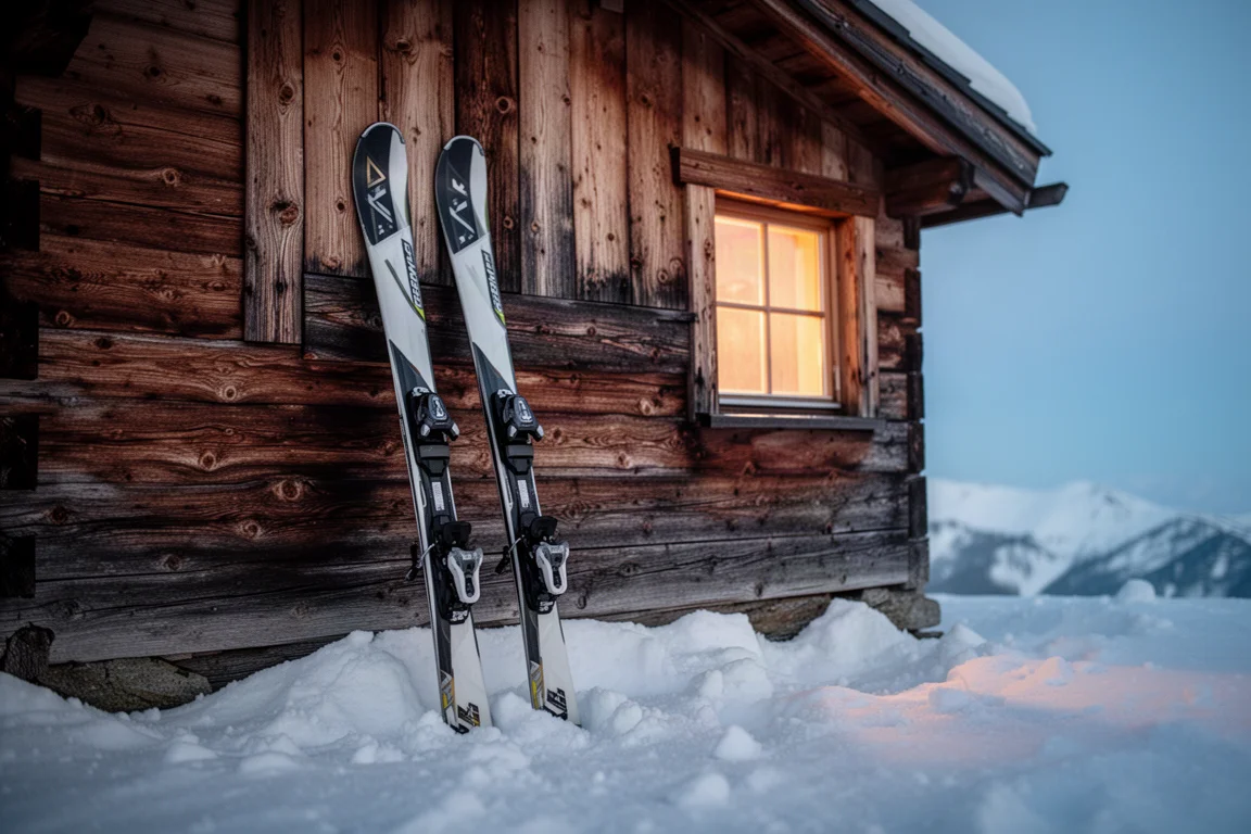 Paar Skier lehnt in der Abenddämmerung an einer Holzwand einer Berghütte