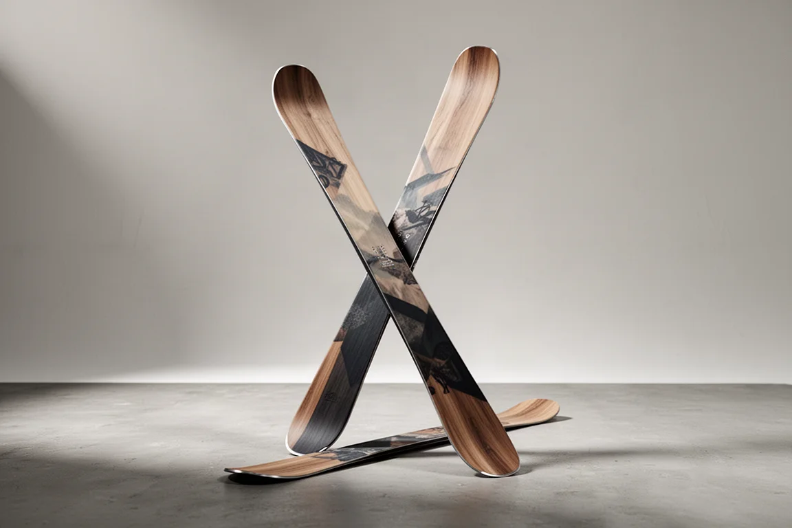 Pair of freeride twin tip skis standing upright on a matte concrete floor