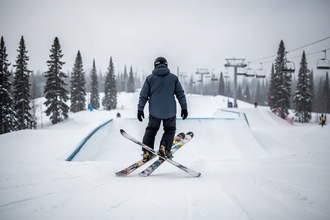 Narciarz freestyle'owy podchodzący do skoczni w snowparku w śnieżnym ośrodku
