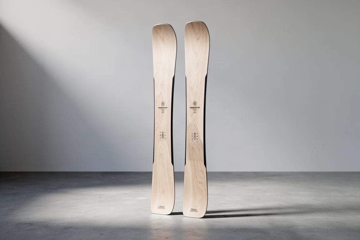 Pair of freestyle twin tip skis with light wood topsheets standing on a concrete floor