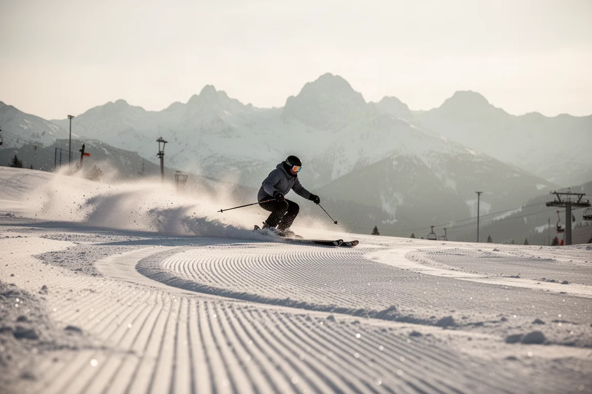 All-Mountain-Ski zieht einen sauberen Bogen auf einer präparierten Piste