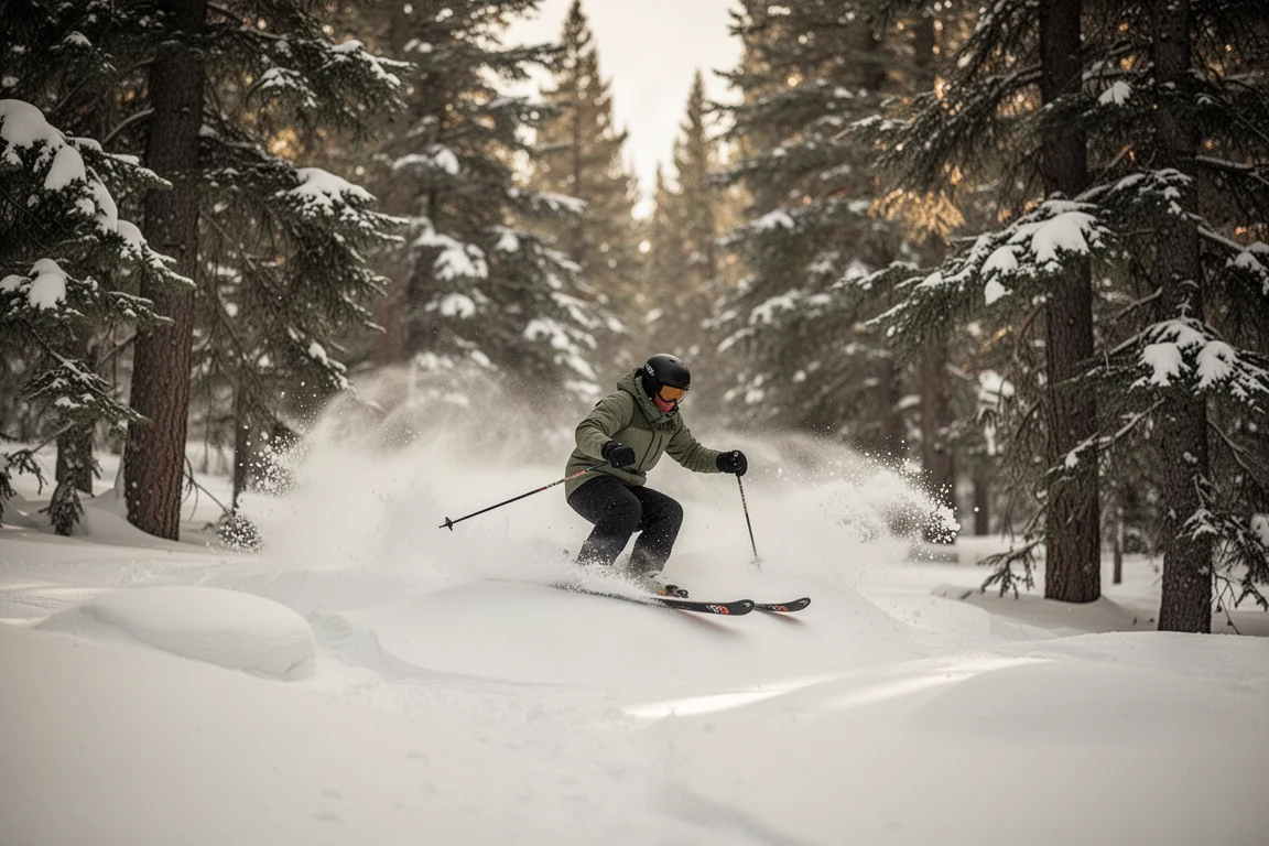 Skifahrer windet sich durch Buckelpiste in einem engen Baumpass