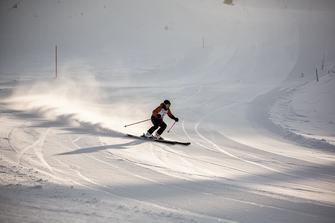 Skifahrer zieht lange Schwünge auf festem Morgenschnee